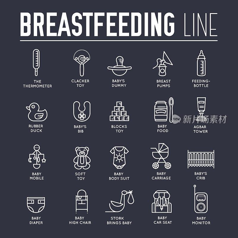 World thin line breastfeeding week and kids elements flat icon set concept. Child outline illustrations design